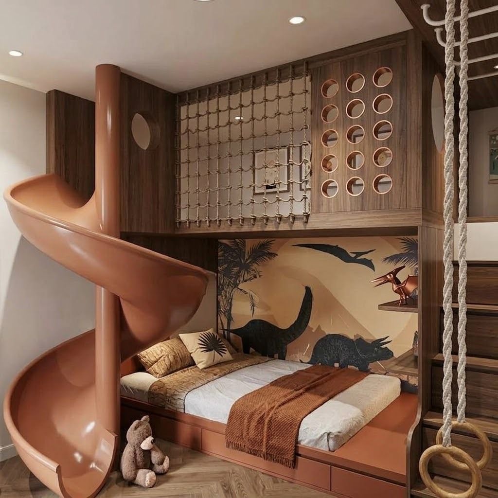 Dino themed playroom with spiral slide loft