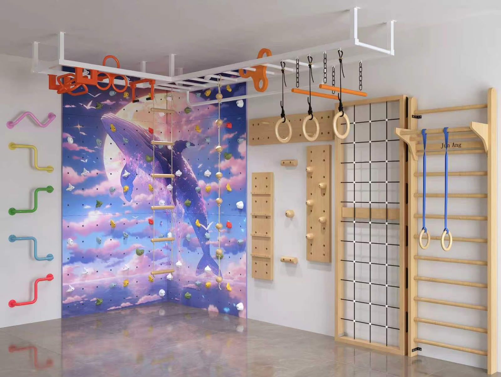 Playroom with climbing wall and gym rings